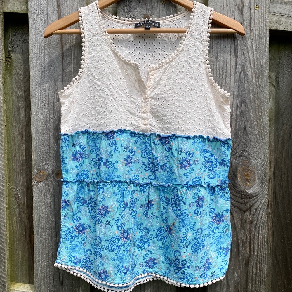 Blue Boho Floral and eyelet tank button Ruffle Sleeveless blouse embroid…